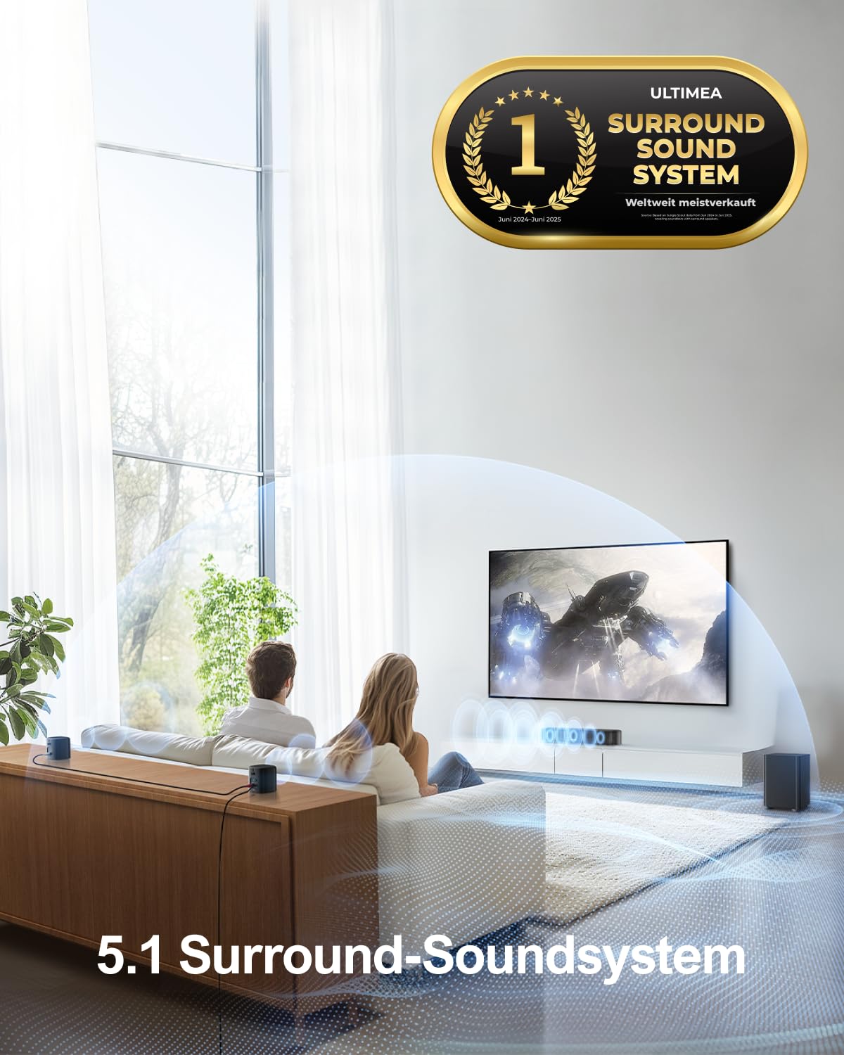 ULTIMEA 5.1ch Soundbar mit Dolby Atmos, 3D Surround Sound System für TV, App Control, Home Theater Sound System, TV Soundbar mit Subwoofer, 2 Surround Lautsprecher, HDMI eARC/Opt/AUX/BT, Aura A50 Pro