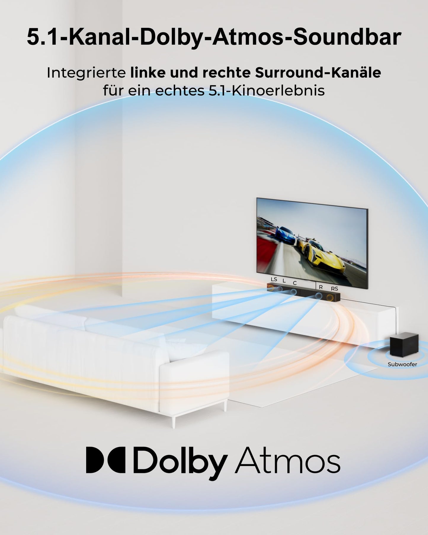 ULTIMEA 5.1ch Soundbar mit Dolby Atmos, VoiceMX, BassMX, APP, Heimkino 4D Surround Sound System, 340W Soundbar für TV Geräte mit Subwoofer, Bluetooth 5.4, Poseidon M60 Boom, Modell 2025