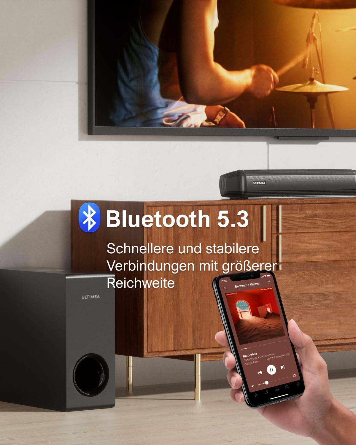 ULTIMEA 4.1-Kanal Soundbar für TV Geräte mit Subwoofer, VoiceMX, APP, Teilbare 2-in-1 Soundbar für Fernseher, TV Lautsprecher mit 3 EQ-Modi für Heimkino, BT 5.3, HDMI-ARC/Optisch/AUX, Apollo S50 2025